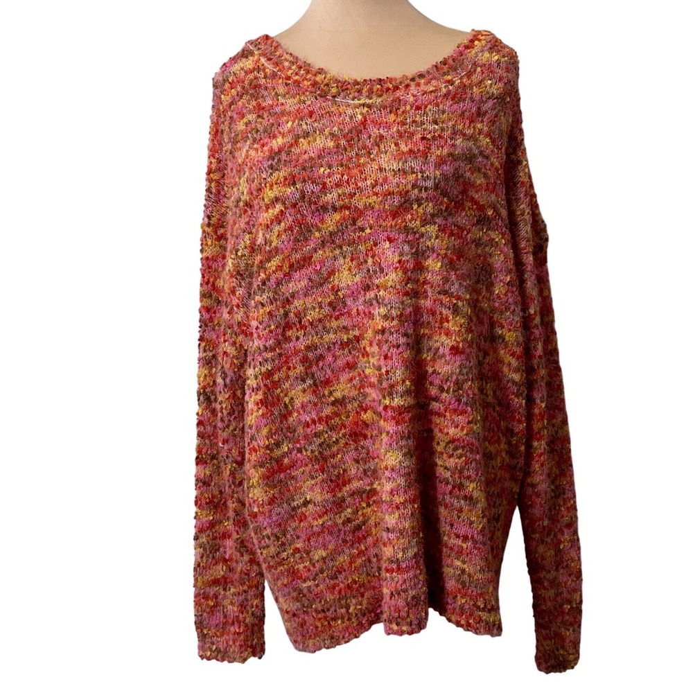 Umgee USA Pink Multi Color Popcorn Knit Oversized Sweater XL Scoop Neck Pullover